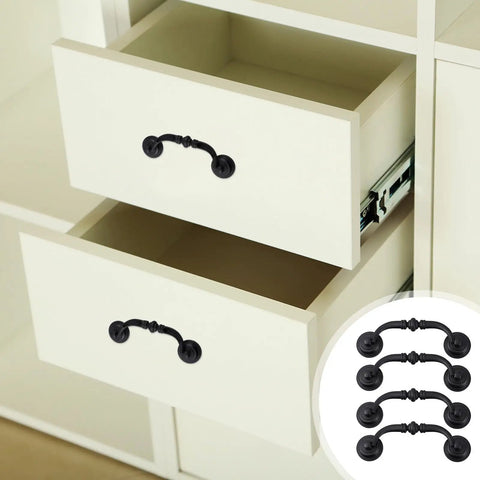 Open white drawers with Vintage Wardrobe Drawer Pulls 4 Pack Matte Black Alloy Handles for Cabinets and Furniture, European Style