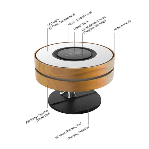 Bedside Lamp With 10W Wireless Charger And Bluetooth Speaker, Digital Clock, Stepless Dimming, wood finish, top view showing features
