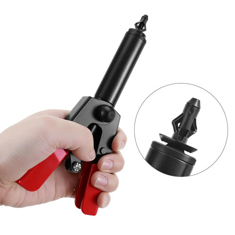 Hand holding Poly Rivet Gun Kit With Rivet Removal Tool Ergonomic Lightweight Design For Plastic Rivets Includes 40 Polyoxymethylene Rivets