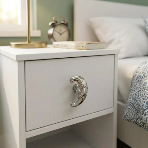 Four Piece Crescent Moon Cabinet Knobs Vintage Retro Drawer Pulls With Moody Carved Faces For Gothic Boho Kitchen And Vanity Hardware Killer Look That Definitely Levels Up Your Whole Home Decor Game on white nightstand.