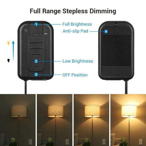 Plug In Lamp Dimmer Switch With Foot Slide Control For Dimmable LED CFL And Incandescent Bulbs, showing dimming range and lamp examples