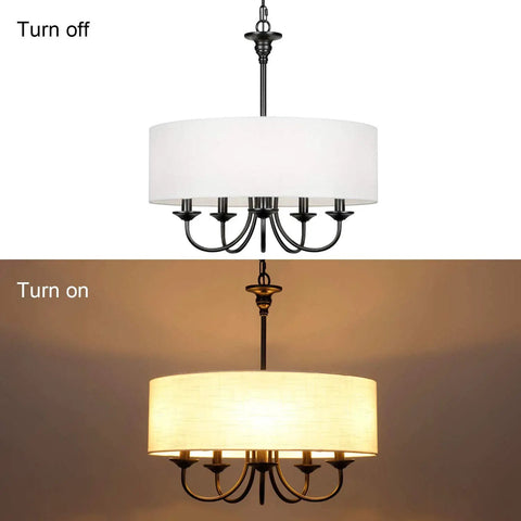 Five Light Traditional Chandelier With White Linen Drum Shade Dope Adjustable Height Oil Rubbed Black Finish Modern Ceiling Light Fixture