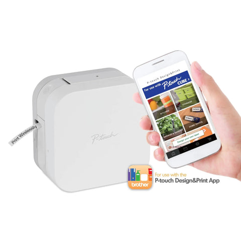 Total Game Changing Smartphone Color Label Maker Featuring Bluetooth Wireless Sync Plays Nice With Any iPhone Or Android Device And Prints Dead Simple Custom Stickers Plus Bold Graphic Tags Directly From Your Pocket Sized Screen, showing compact printer and smartphone app.