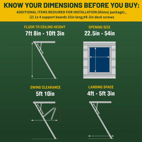 Heavy Duty Attic Ladder With 350 Lb Capacity, Fold Down Loft Stairs For Ceilings From 7 Ft 8 In To 10 Ft 3 In, 22.5 Inch By 54 Inch Opening, Non Slip Steps, Space Saving Pull Down Design For DIYers And Home Storage Access, installation dimensions chart