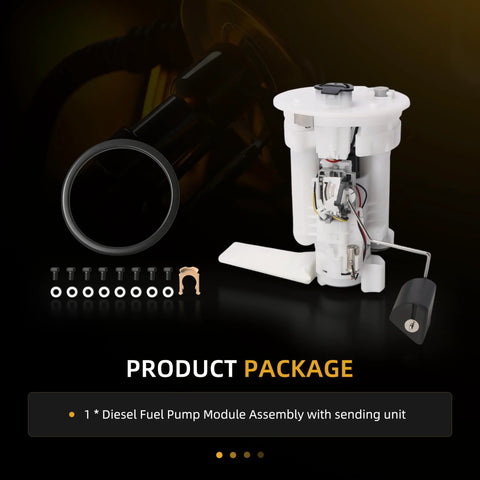 Product Package for Drop In Electric Fuel Pump Module With Sending Unit For Toyota Corolla 1998-2002 1.8L L4 Gas, Fits Chevrolet Prizm 1998-2002 1.8L L4, OE Replacement 232210D010 232210D011 FG2218 SP9163M, containing diesel fuel pump module assembly with sending unit and additional components.