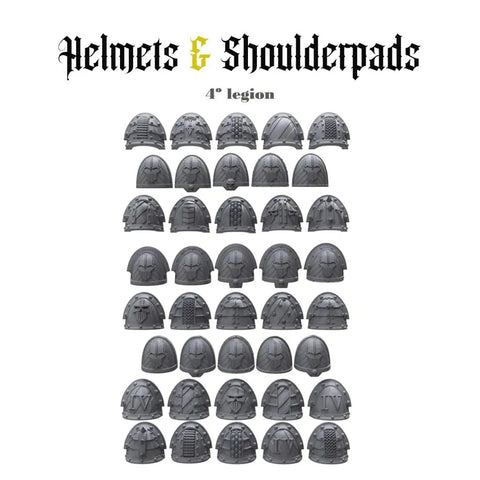 Battle Ready Helmet And Shoulder Pad Pack For Custom Armies Legion 4st with 40 grey helmets and 40 shoulder pads displayed