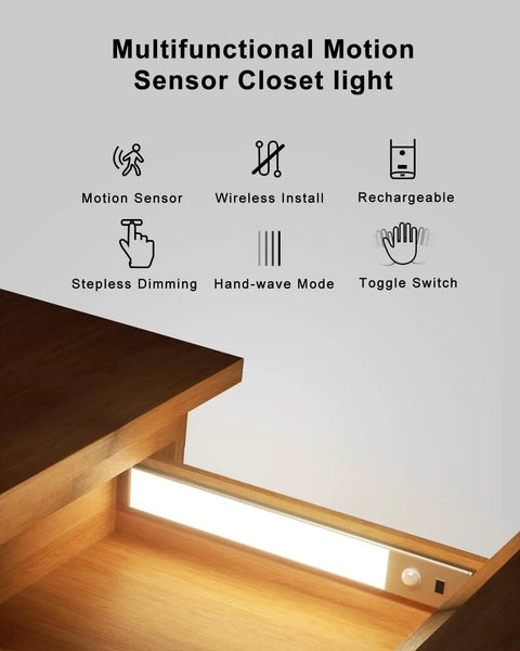 30 LED Motion Sensor Under Cabinet Light With Dimmable USB Rechargeable Night Lighting installed under wood shelf