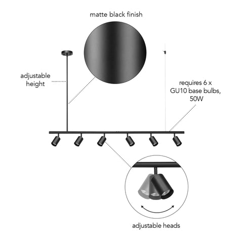 Diagram of Globe Electric 64000123 55" 6-Light Adjustable Height Track Light, matte black finish, adjustable height and heads, GU10 bulbs required.
