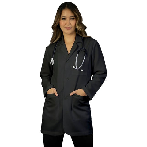 Unisex 31 Inch Lab Coat With Notch Lapel Collar Front Button Closures Full Length Sleeves Black Pro Grade Medical Workwear X Large Size Ideal For Clinics Hospitals And Lab Professionals