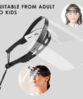 Adjustable Full Face Shield Kit With Anti Fog Clear Visors Lightweight Frame 2 Pack shown on child and adult model