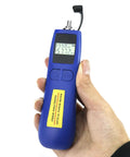 Hand holding Two Pack Optical Power Meter With Universal 2.5mm Interface For Fiber Testing, -70 To +10 dBm Range, Blue
