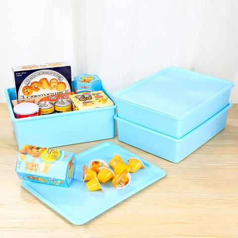 Blue Plastic Wardrobe Organizer Set 3 Piece Drawer Dividers For Underwear And Socks with food items stored inside.