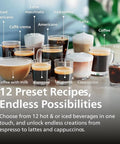 Fully Automatic Espresso Machine With 12 Hot And Iced Coffee Picks Straight Up Home Barista Game Changer featuring various coffee drinks on display.