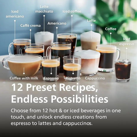 Fully Automatic Espresso Machine With 12 Hot And Iced Coffee Picks Straight Up Home Barista Game Changer featuring various coffee drinks on display.