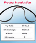 Heavy Duty L4 Engine Serpentine Drive Belt For 2006 2011 Honda Civic 1.8 Liter, EPDM, 85.21in long, 0.947in wide, 7 ribs.