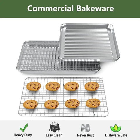 Sturdy Stainless Steel Baking Sheet With Rack Set, 2 Pans And 2 Racks, ideal for baking cookies, rust free, heavy duty