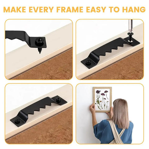Sixty Piece Premium Sawtooth Picture Hangers With Matching Wall Screws And Utility Bag in use for easy frame hanging.