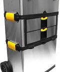 Three Part Portable Tool Box With Rolling Chest And Stainless Steel Drawer Organizer, side view with handle and wheels.