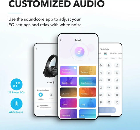 Q20i Hybrid Active Noise Cancelling Wireless Over Ear Headphones With 40 Hour Battery Life Dope Bass Rich Hi Res Audio App Customization Transparency Mode Black app interface showing EQ presets and white noise options
