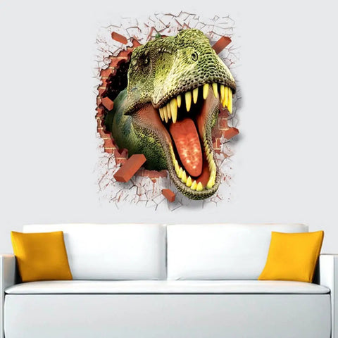 Epic 3D Self-Adhesive Wall Sticker Mural Flying Fire Basketball Peel And Stick Decor Removable And Washable Vinyl Art For Bedroom Living Room Boys Room Office 50 X 70 Cm 19.7 X 27.6 In - Dinosaur bursting through wall over sofa