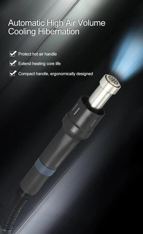 Hot Air Rework Station 1300W With AI Voice Control and Intelligent PID Temp, ergonomic handle detail, brushing vortex fan visible