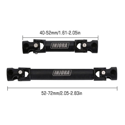 Heavy Duty CNC Hardened Steel Drive Shaft For Axial SCX24 Rock Crawler Jeep Bronco JL with size measurements and INJORA branding.