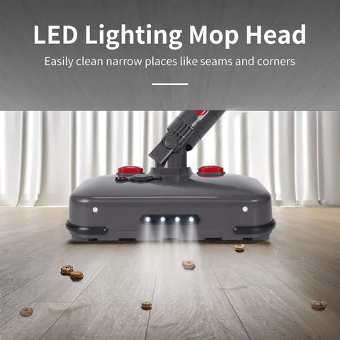 Mop Head Attachment For V7 V8 V10 V11 Vacuum Cleaners With LED Headlights, Water Reservoir, And 6 Reusable Mop Pads - front view with LED lights illuminating a wooden floor during cleaning