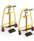 Beefed Up Heavy Duty Moving Dolly Set Of 2 With Lift Platform And Ergonomic Handle For Easy Furniture Moving 1300 Lb Capacity Twelve Inch Lift Height Smooth Bevel Gear System Sturdy Support Frame in yellow with red wheels