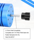 Close-up of blue motor and black pinion gear showing fitment, part of the Two Piece 32P 11T Hardened Steel Pinion Gear Set For Traxxas Slash 4x4 Rustler Hoss TRX4 TRX6 RC Cars 3.175mm Shaft Direct Fit Upgrade Replacement Performance Kit.