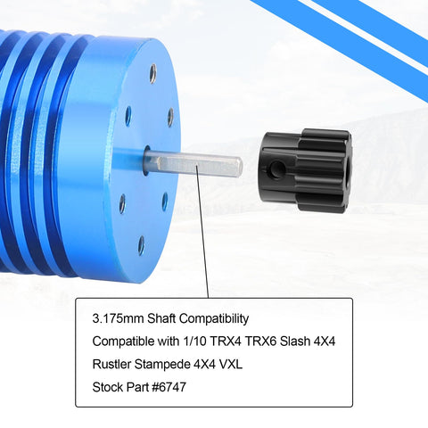 Close-up of blue motor and black pinion gear showing fitment, part of the Two Piece 32P 11T Hardened Steel Pinion Gear Set For Traxxas Slash 4x4 Rustler Hoss TRX4 TRX6 RC Cars 3.175mm Shaft Direct Fit Upgrade Replacement Performance Kit.