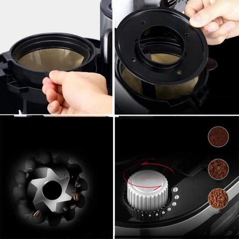 Solid Bean To Cup Coffee Machine Automatic Espresso Brewer showing integrated grinder and filter basket for easy brewing.