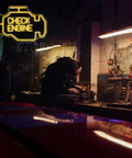 Dimly lit garage with 'CHECK ENGINE' sign, suitable as Lit Neon Signs For Wall Decor Large LED Neon Light Sign For Bedroom Party Office
