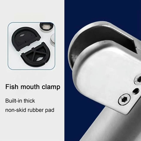 Top Shelf Metal Security Gate Featuring Heavy Duty Clear Acrylic Barriers For Warehouses Offices And Retail Spaces Built Tough With No Sweat Daily Operations, showcasing a fish mouth clamp with non-skid rubber pad.