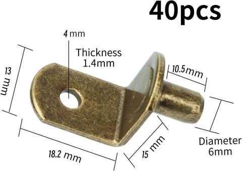 Premium L Shaped Cabinet Shelf Clips With 6mm Holes 40 Pack Bronze Metal Support Peg with detailed dimensions shown.