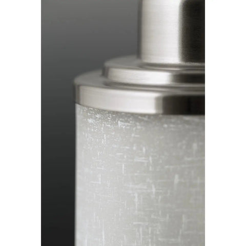 Close-up of Alexa Collection 2 Light Bath Vanity Light with dope etched linen glass and brushed nickel finish