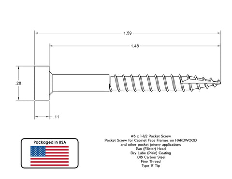 Technical diagram of Size Six By One And A Half Inch Pan Head Pocket Screws With Square Drive Number Two Type Seventeen Fine Thread Lube Coated