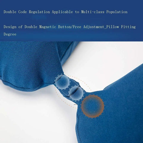 Close-up of blue Memory Foam Travel Neck Pillow with magnetic button, ideal for airplanes and cars, enhancing fit and comfort.