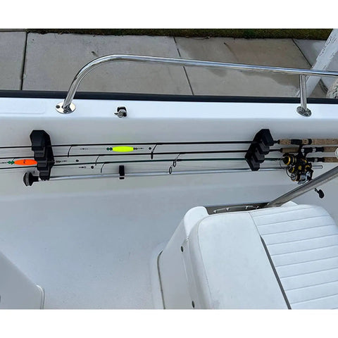 Heavy Duty Steel Fishing Rod Storage Rack Wall Mount Holder For Three Four Or Six Rods with Foam Inserts, mounted on boat