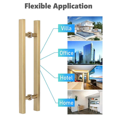 Gold Square Sliding Barn Door Handle For Front And Glass Doors Dope Push Pull Door Pulls For Hotels And Offices Heavy Duty Door Hardware 12mm Thick Panels Easy Install Available In 80cm 120cm And 90cm Lengths, shown with usage examples in villas, offices, hotels, and homes.