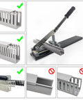 Open Slot Wire Duct Cutter Tool For PVC Ducts And Covers With 45 Degree And 90 Degree Angled Cuts Burr Free Labor Saving Portable Duct Cutting Machine Ideal For Electricians And DIYers On The Go displayed with examples of angled cuts.