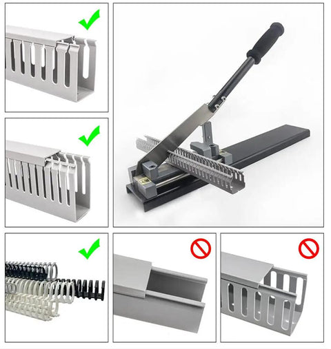 Open Slot Wire Duct Cutter Tool For PVC Ducts And Covers With 45 Degree And 90 Degree Angled Cuts Burr Free Labor Saving Portable Duct Cutting Machine Ideal For Electricians And DIYers On The Go displayed with examples of angled cuts.