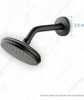 Matte Black Shower Arm Flange Escutcheon Plate 2.5 Inch Outer Diameter For Half Inch IPS Shower Arms Built Tough From Marine Grade 304 Stainless Steel Fits Most Brands installed on white wall.