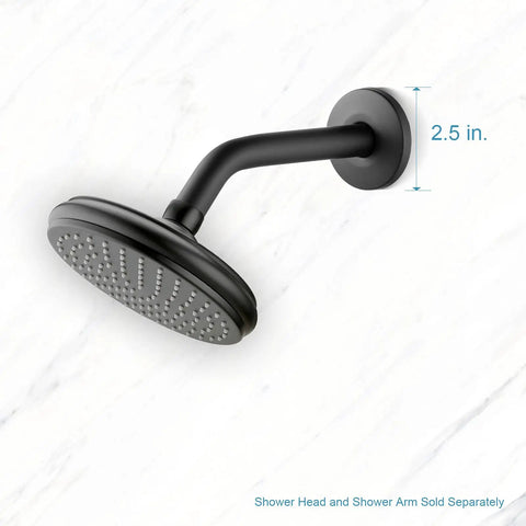 Matte Black Shower Arm Flange Escutcheon Plate 2.5 Inch Outer Diameter For Half Inch IPS Shower Arms Built Tough From Marine Grade 304 Stainless Steel Fits Most Brands installed on white wall.