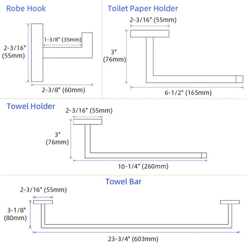 Dimensions diagram of 4 Piece Bathroom Hardware Set With Robe Hook Toilet Paper Holder Towel Holder And Towel Bar In SUS304 Stainless Steel Polished Chrome
