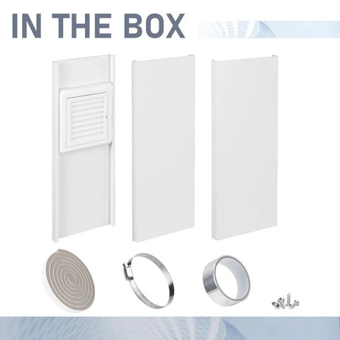 4 Inch Dryer Vent Window Kit With Louvered Cover And Adjustable Window Panels, insulation tape, hose clamp, screws, foam seal