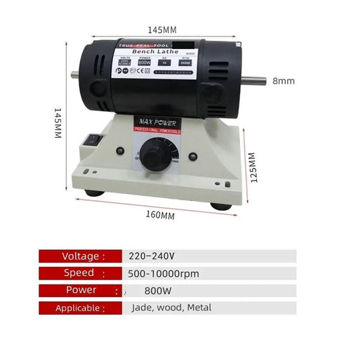 800W Bench Grinder with variable speed motor, dimensions 145mm x 160mm, for jewelry polishing and metal detailing.