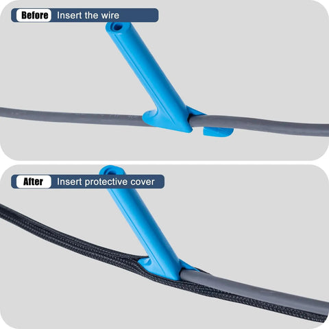Starlink Cord Protector Kit with wire loom tubing and stringing tool in gray and blue before and after sleeve installation