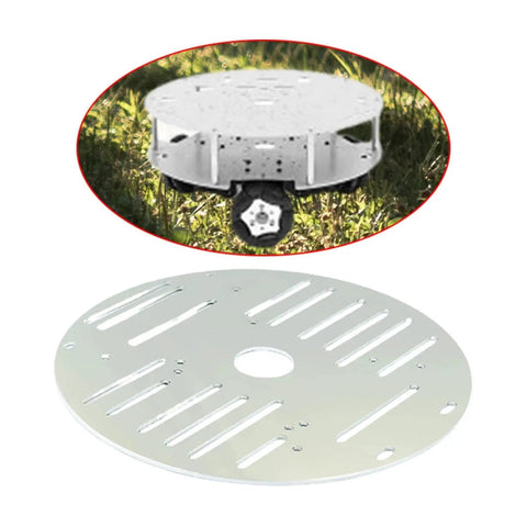 Aluminum Alloy 4WD Robot Car Chassis Base Plate 10.04 By 5.91 Inch Round Platform in grass with slotted design.