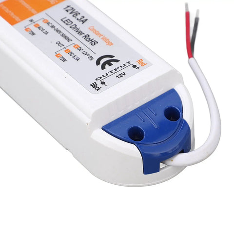 LED Driver 6.3A 72W Power Supply Transformer 90 240V AC To 12V DC For LED Strips Bulbs Computer Projects Industrial Outdoor Lighting Applications Pro Grade High Power Reliable Converter For Home Garage Workshop, white plastic unit with red and black wires