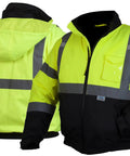 Front and back view of Hi-Vis Lime Safety Bomber Jacket With Quilted Lining, Weatherproof Polyester Shell, Five Pockets Including Cell Phone Pocket With Clear Panel, Detachable Hood, Mic Tabs, Pencil Pockets, Reflective Tape, Class 3 Level 2 Hi Vis